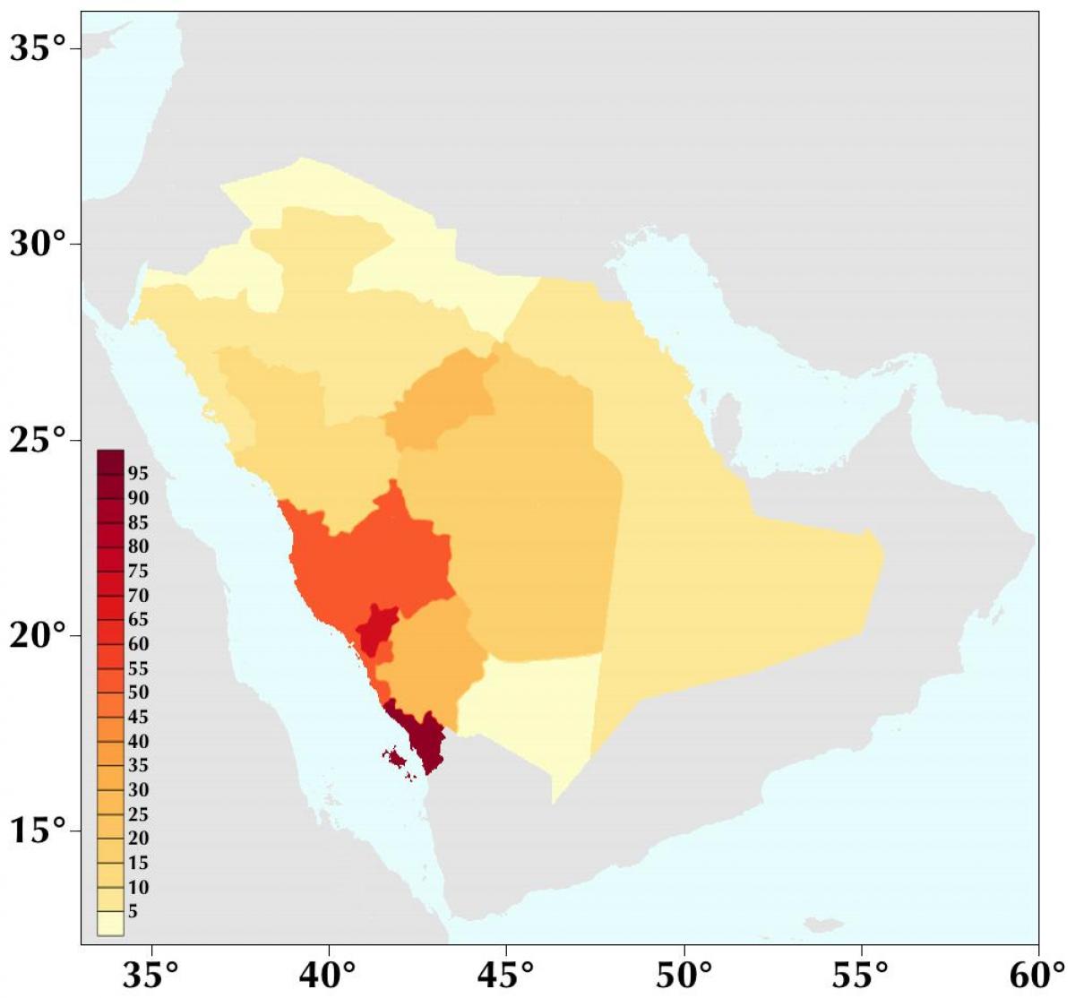 Arabia Saudite dendësia e popullsisë map