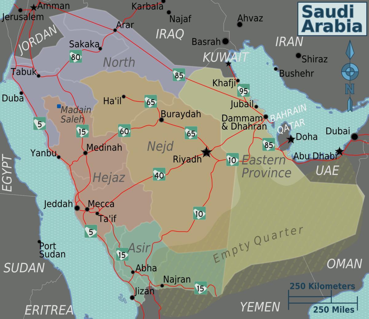 Harta e arabisë Saudite, me qytetet distancë