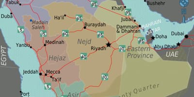 Harta e arabisë Saudite, me qytetet distancë